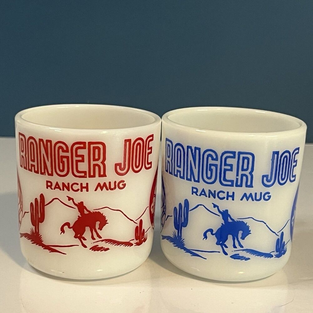 VTG Ranger Joe Ranch Mug Set Hazel Atlas Blue & Red Cowboy Child’s Milk Glass